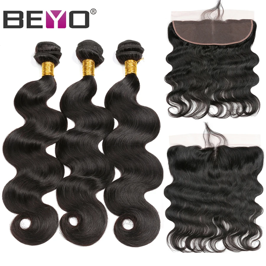 Beyo Body Wave Bundels Met Frontale Peruaanse Haar Bundels Met Sluiting Human Hair Bundels Met Kant Frontale Sluiting NonRemy Haar