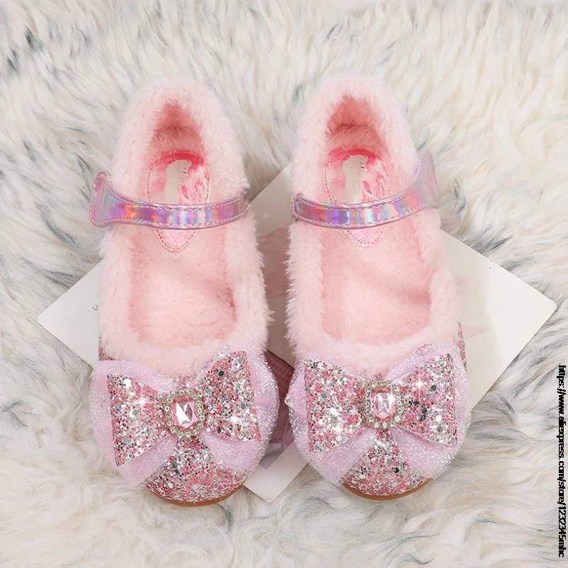 Kids Casual Shoes For Girls Winter Cotton Shoes For Toddlers Girl & Children Flat Loafers With Thick Fur Hairy Frozen Elsa 23-34