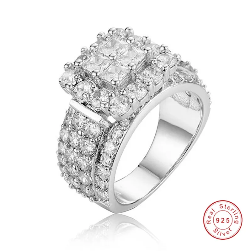 Ladys 925 Sterling silver ring Luxury pave 4pcs Princess-cut SONA Diamond Wedding jewelry for Women Simulated Platinum Girl gift