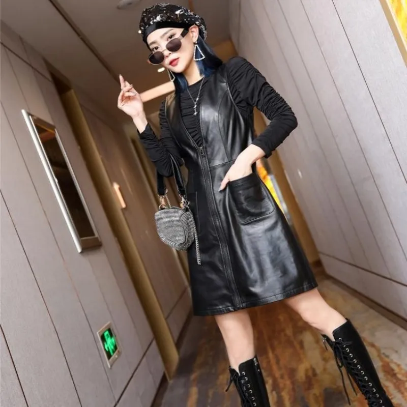 Women Designer Office Dress Autumn Winter Front Zipper Sheepskin V-Neck Straps Dress Street Genuine Leather Black A-Line Dress