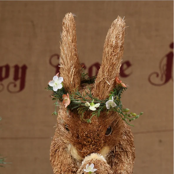 24x15x33cm Handicraft Cute Mother And Child Rabbits with Brown Cattail Flowers Straw Craft Easter Mother's Day Gift Accessory