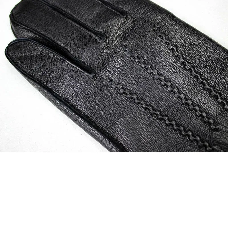 Winter Thick Warm Deerskin Gloves Men\'s Leather Fashion Simple Outer Seam Style Flannel Lining Thin Wool Points Free Shipping