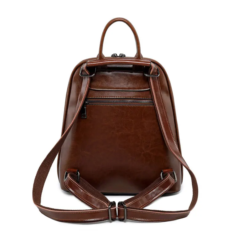 New Women\'s Backpack Leather Oil Wax Leather Retro Student Bag Fashion Personality Solid Color Backpack Creative Computer Bag