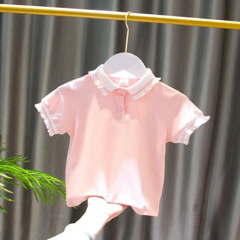 3-7y Kids Polo Shirts Summer Girls Tops Tees Clothing Short Sleeve Solid Color Breathable Lace Soft Children\'s Clothes H21