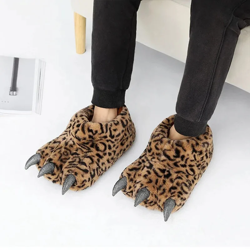 Furry Animals Claw Slippers Unisex Warm Home Slippers Winter Indoor Women Men Couple Cotton Shoes Chunky Bigfoot Shoes 35-43