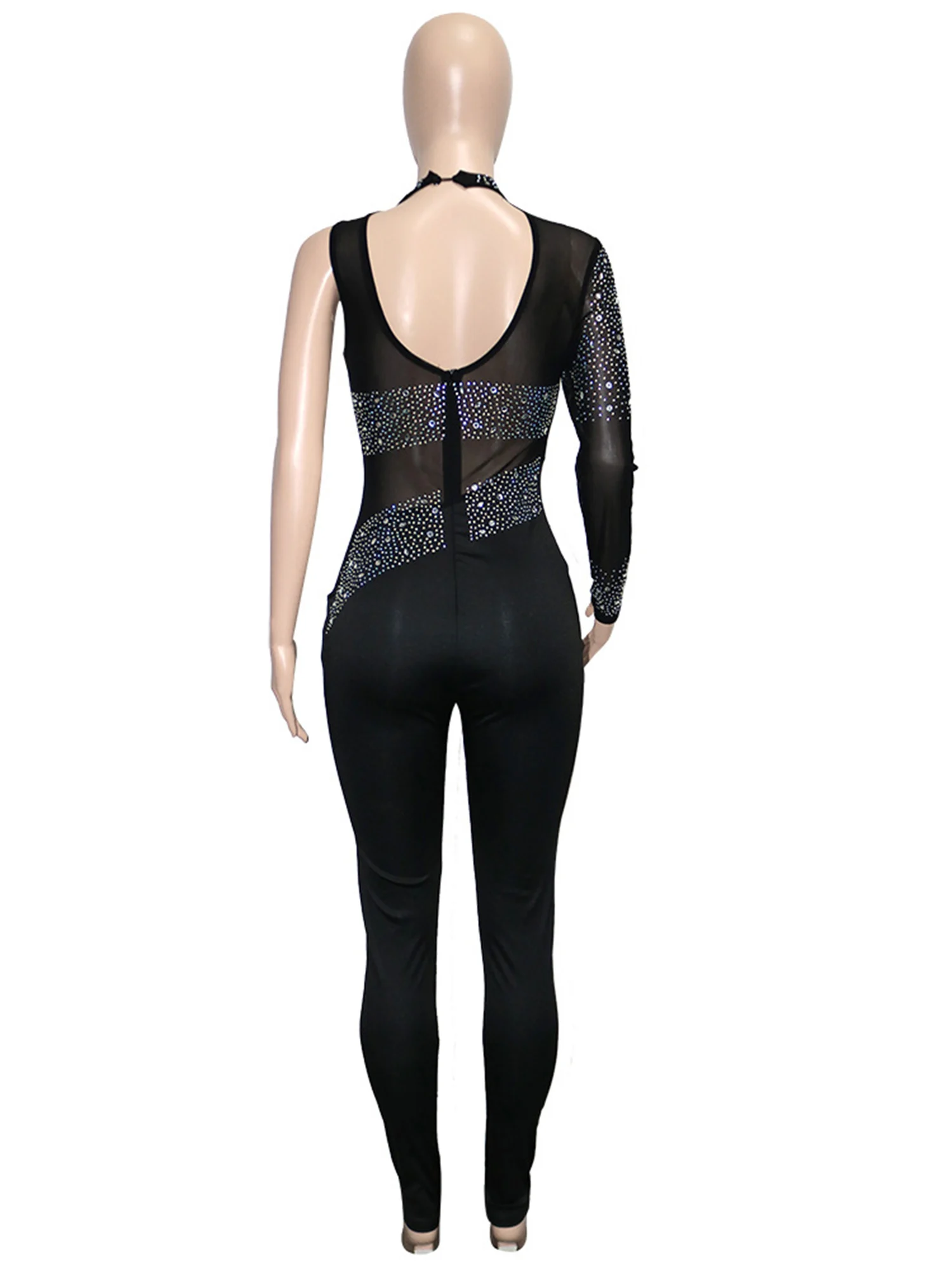 Womens Sparkling Rhinestone Body Jumpsuit Mesh Single Long Sleeve Ballet Gymnastics Leotard Fitness Sports Figure Skating Suit