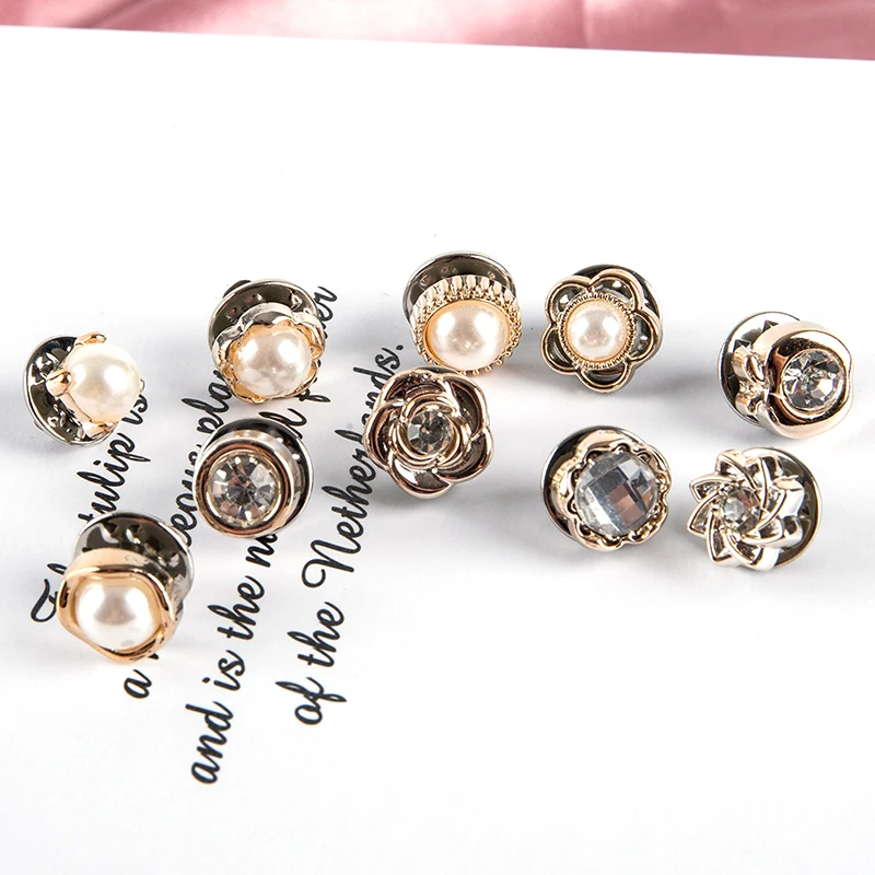 10 Pcs Women's Button Brooch Set Fashion Imitation Pearl Rhinestones Pin Coat Clothes Pins Accessories Gift Brooches for Women