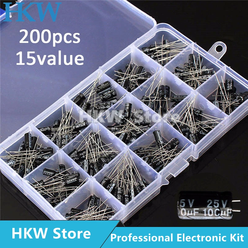 15values 200pcs Electrolytic Capacitor 0.1-220uF 10V 16V 25V 50V Capacitor Assortment Box Kit  High Quality with Box