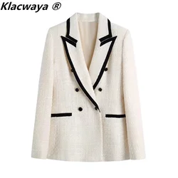 Klacwaya Blazer Women Tweed Jackets For Women 2021 Double Breasted White Office Lady Checked Jackets Female Tweed Blazers