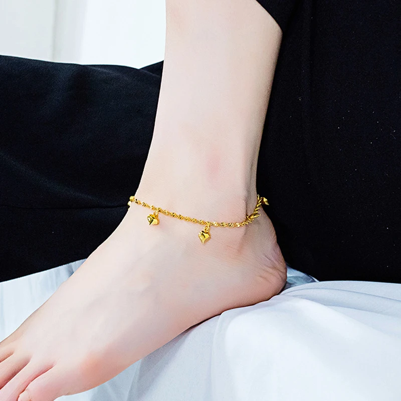 18K Gold Plated Twist Link With Heart Charms Anklet for Women & Teen Girls Foot Jewelry with Extension