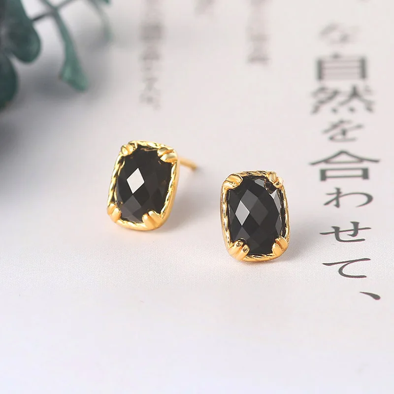 Mobuy 925 Sterling Silver Stud Earring For Women Natural Black Agale Flat Lattice Surface 14K Gold Plated Fine Jewelry MBEI119