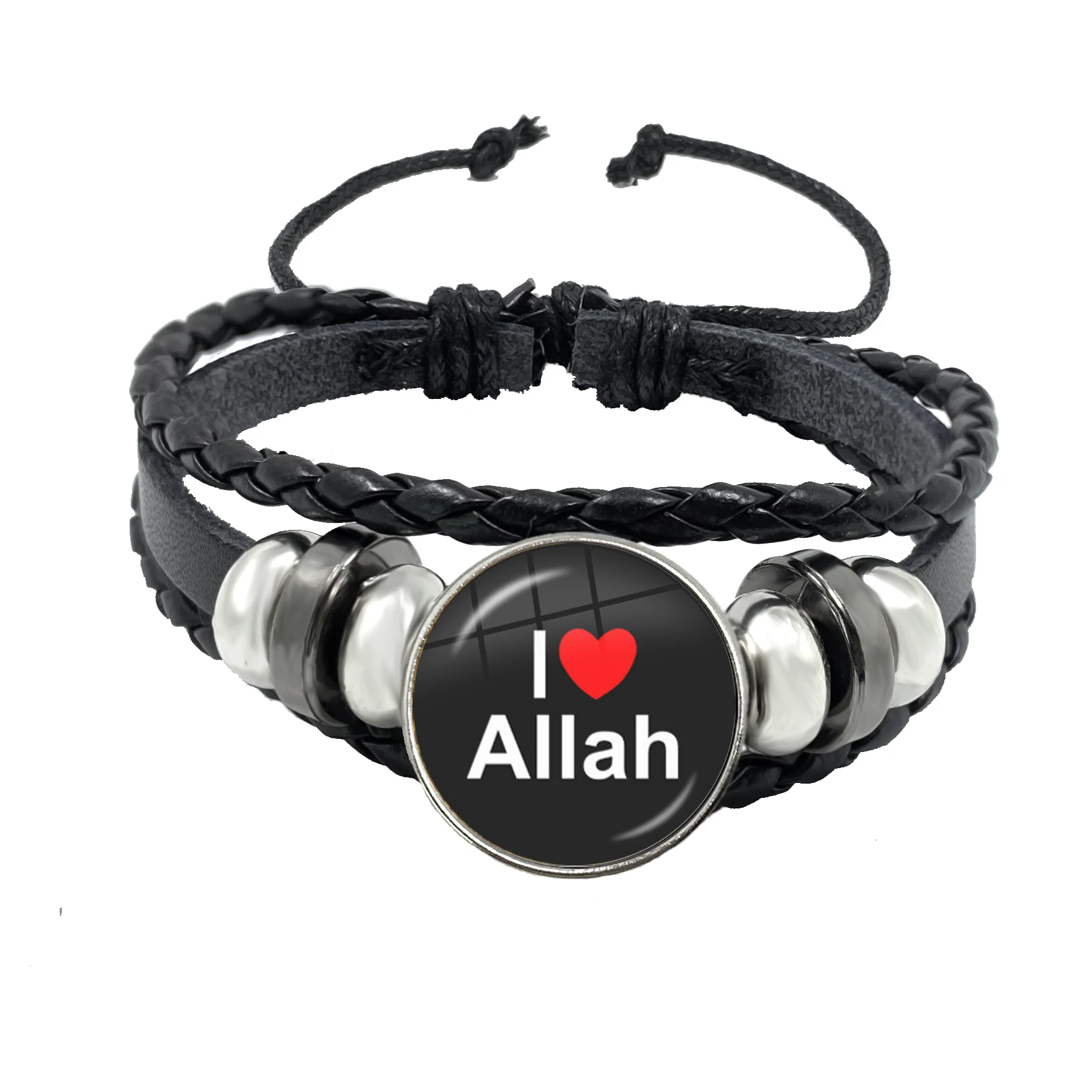 Arabic Islamic Muslim Black Leather Button Bracelet Glass Cabochon I Love Allah Religious Charm Jewelry For Woman Men Gift