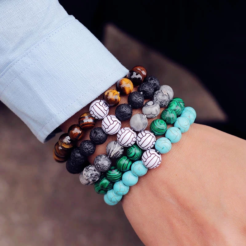 Fashion Volleyball Bracelet For Men 10mm Big Beads Stone Braclet Natural Map Lava Tiger Eyes Braslet Sports Brazalete Pulseras