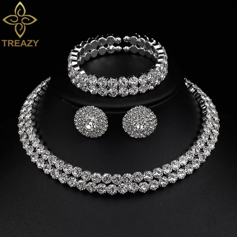 TREAZY Luxury Crystal Bridal Jewelry Sets African Rhinestone Choker Necklace Earrings Bracelet Set for Women Wedding Accessories