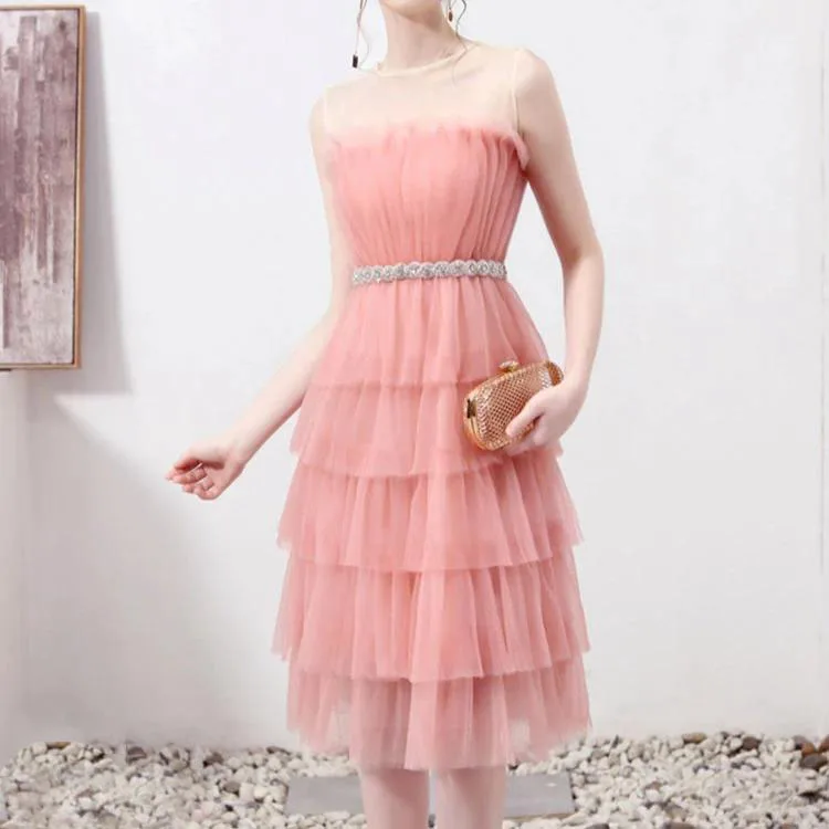 Casual Pink Elegant Women Dress Tulle Layered Crystals Waist Spaghetti Strap A-line Knee Length Dress Custom Made