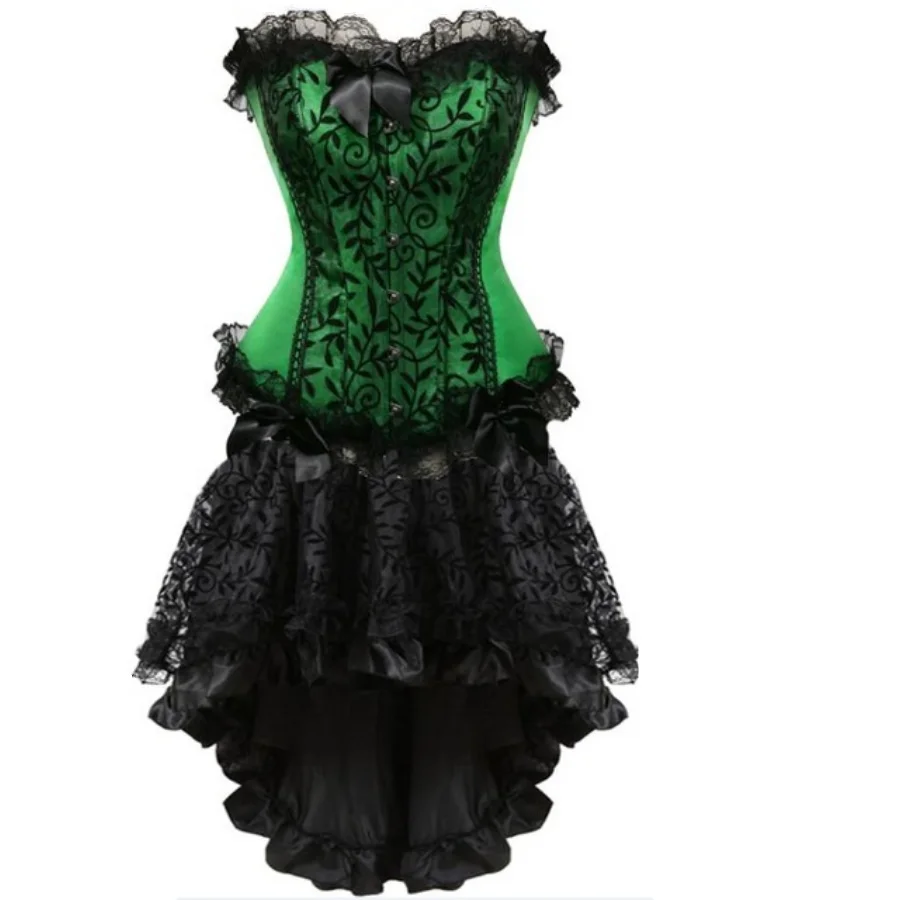 

Бурлеск-корсеты, платье с юбкой, нерегулярный комплект, винтажный корсет с кружевной отделкой и цветком, бюстье, женский косплей, Хэллоуин, большие размеры