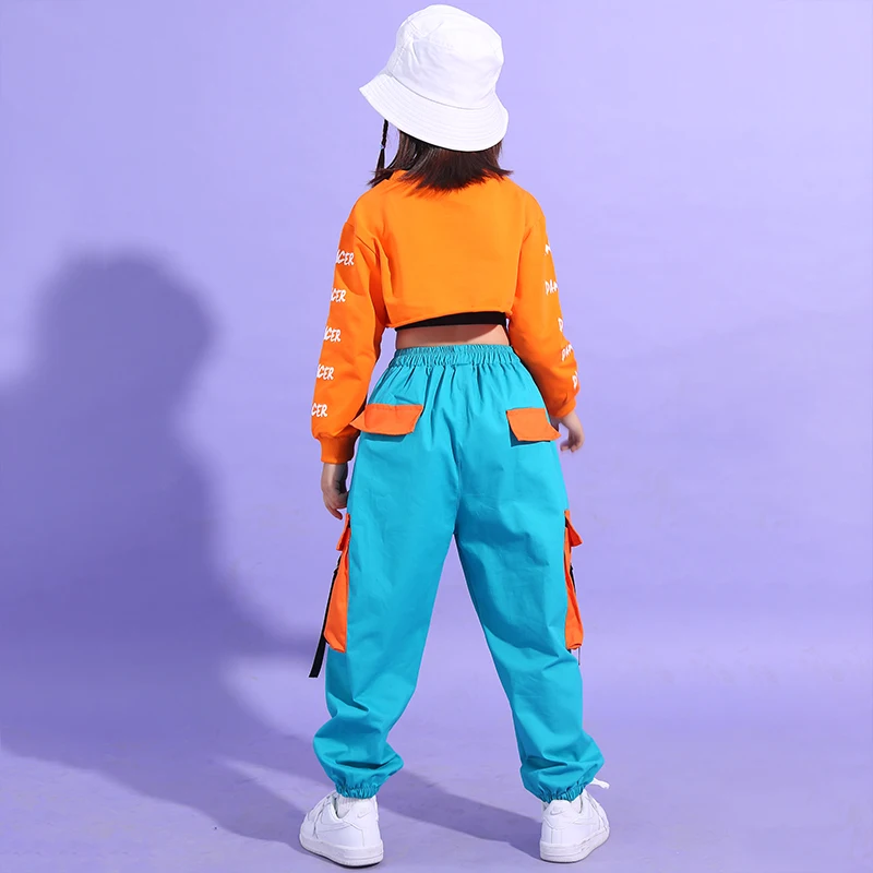 Girls Hip Hop Dance Clothing Orange Crop Tops Cargo Pants Suit Street Dance Outfits Jazz Performance Costumes Stage Wear DQS8535