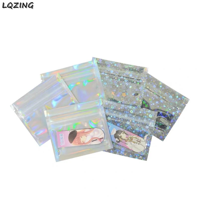 50 sztuk małe 7.5x6.5cm laserowe torebki z zamkiem strunowym woreczki z jednej strony przezroczysta folia holograficzna kosmetyczka z zamkiem błyskawicznym Hang Hook opakowanie detaliczne