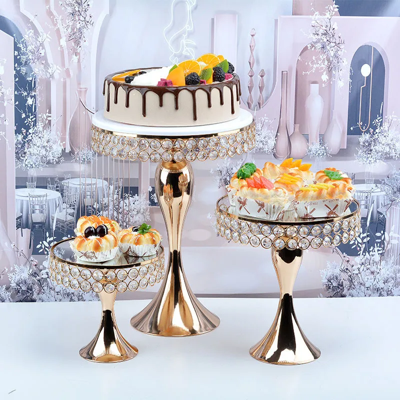 

Golden Crystal Cake Holder Electroplated Mirror Sliver Wedding Party Decoration Cake Holder Tray Home Decor