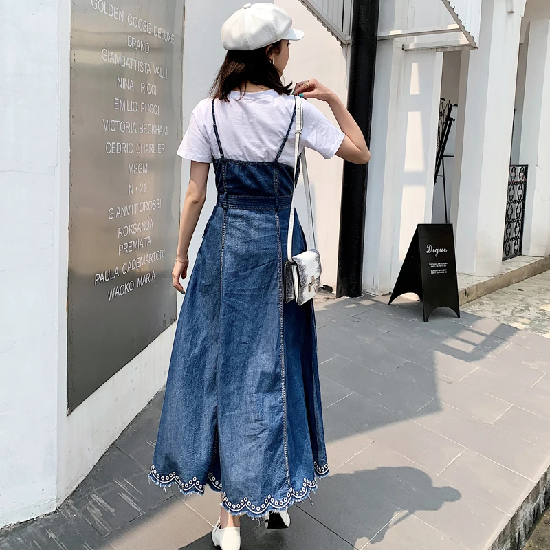 TIYIHAILEY Vintage Women Long Maxi Summer Denim Cotton S-XL Sleeveless Dresses With Belt Embroidery Strapless Ladies Clothing