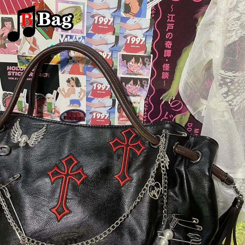 Bolso de hombro con cadena de pin cruzado para mujer y niña, bolsa de mensajero de gran capacidad, estilo gótico, punk, Harajuku, de cuero PU, Y2K