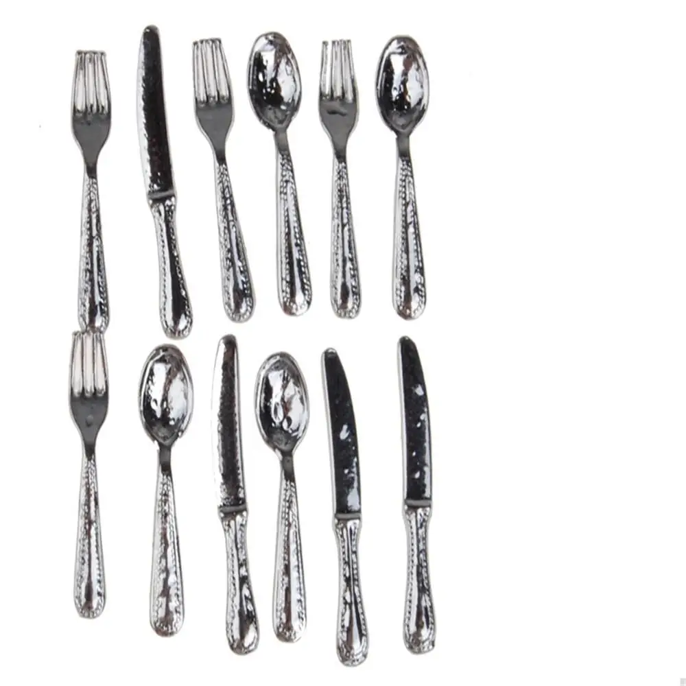 12Pcs Simulation Mini Dollhouse Furniture 1:12 Scale Fork Knife Spoon Miniature Cutlery Set Tableware Doll Accessories