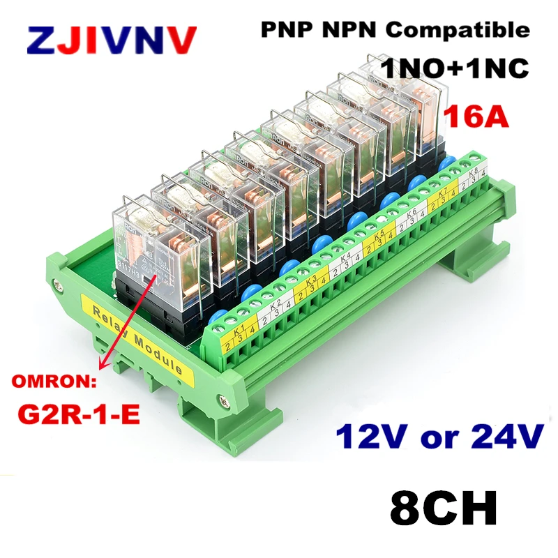 8 channels DIN Rail Mount 16A Power Relay Interface Module 1 NO+1 NC with  G2R-1-E DC12v/24V Relay PNP NPN compatible