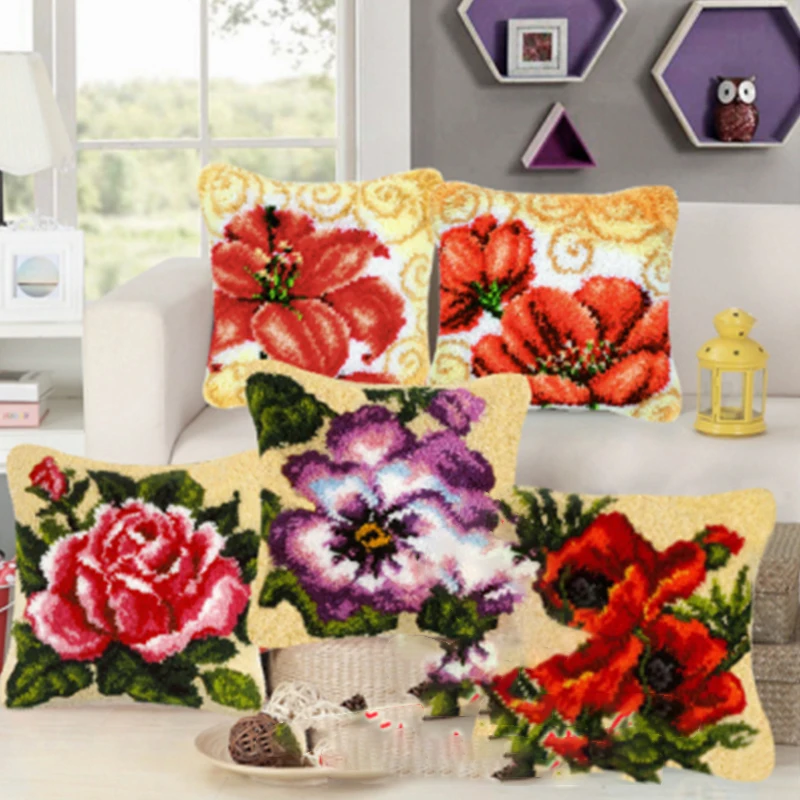 Flowers Plants Series 3D Segment Embroidery Pillow Latch Hook Rug Kits Wool Handcraft DIY Carpet Embroidery Materials Supplies
