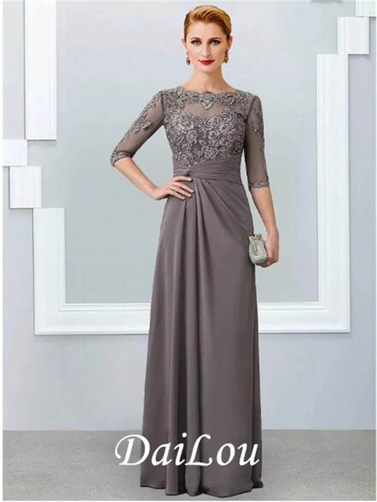 Mantel/Spalte Mutter der Braut Kleid Elegante Jewel Neck Bodenlangen Chiffon Spitze 3/4 Länge Hülse mit Appliques 2021