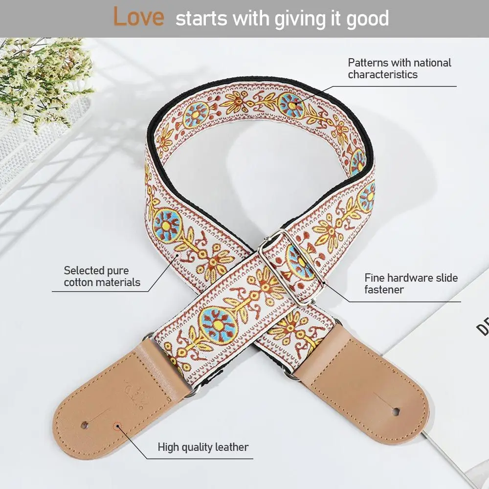 Gift for Music Fans Embroidery Craft Adjustable Musical Instrument Accessories National Style Bass Shoulder Band Guitar Strap