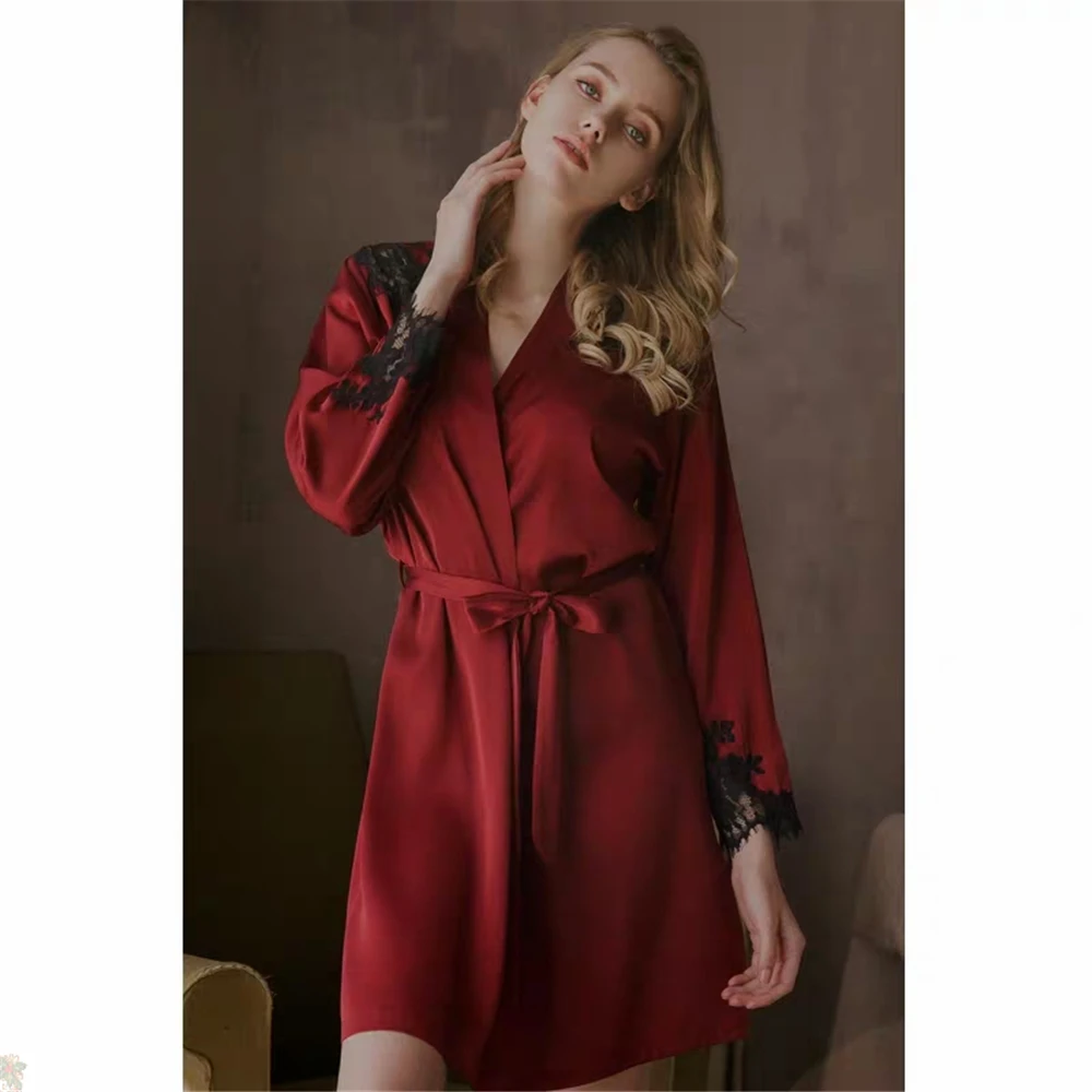 

Sexy Red Croset Bathrobe Solid Lace Sleeve Trim V-Neck Graceful Beautiful Party Evening Housewear Nightwear