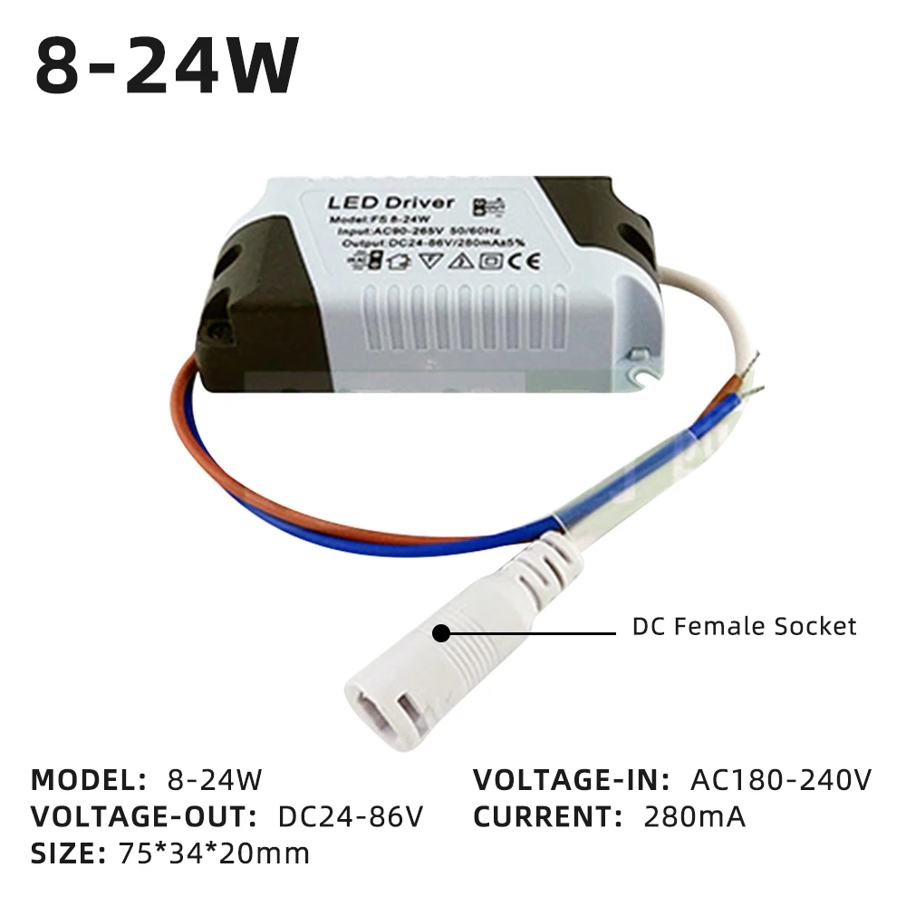 280mA Constant Current DC LED Drivers 8-18W 8-24W LED Power Supplies AC90-240V Electronic Transformer DC Female Socket LED Lamp