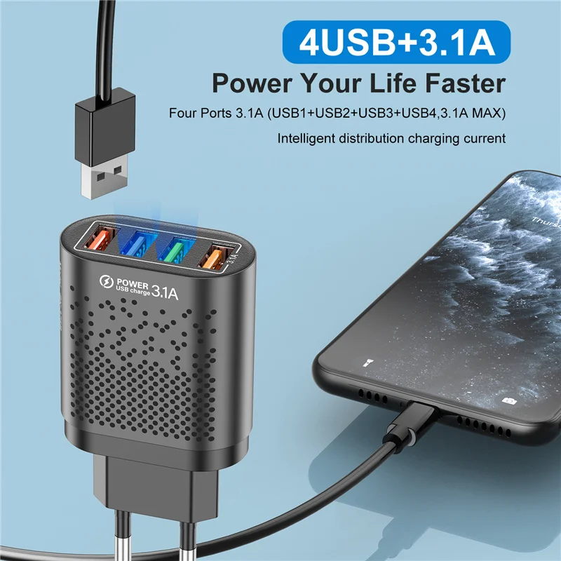 USLION 3.1A USB Charger EU US UK Adapter Fast Charger For iphone Samsung Huawei Xiaomi POCO Realme Wall Charger 4 Ports Quick image 2