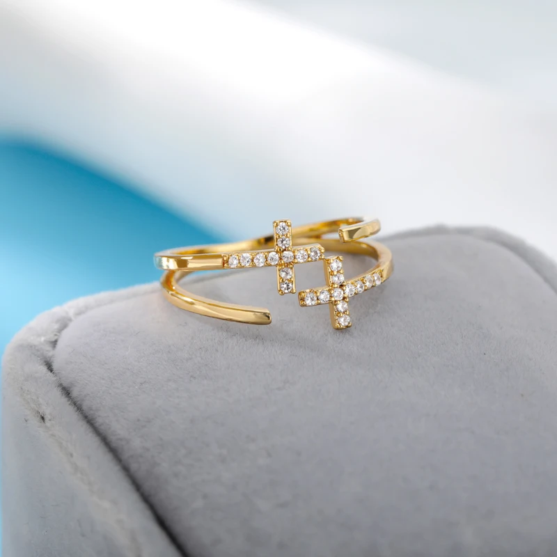 Shiny Opening Zircon Double Cross Rings For Woman Gold Color Copper Metal Ring Luxury Wedding Ring Jewelry Gift Bague image 3