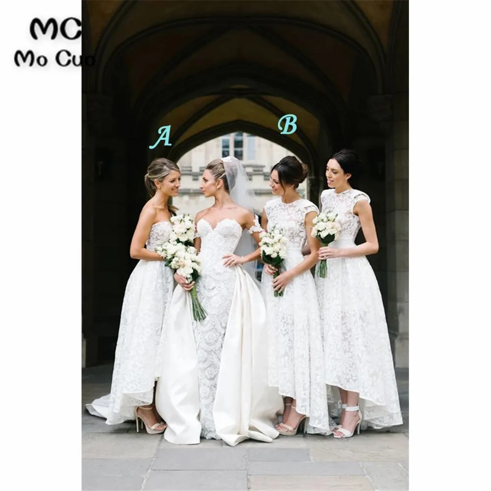 

High Low Gown Lace Wedding Party Dress Bridesmaid Dresses Long Short Sleeve Satin Sweetheart Bridesmaid Dress