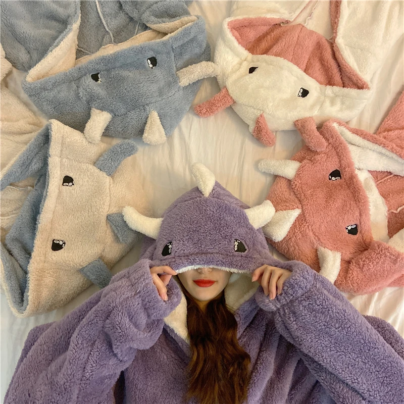 Autumn Winter Women Cute Pajamas Cartoon Ears Hooded Sleepwear Coral Fleece Lady Home Clothes Female Sweet Warm Lounge Pyjamas