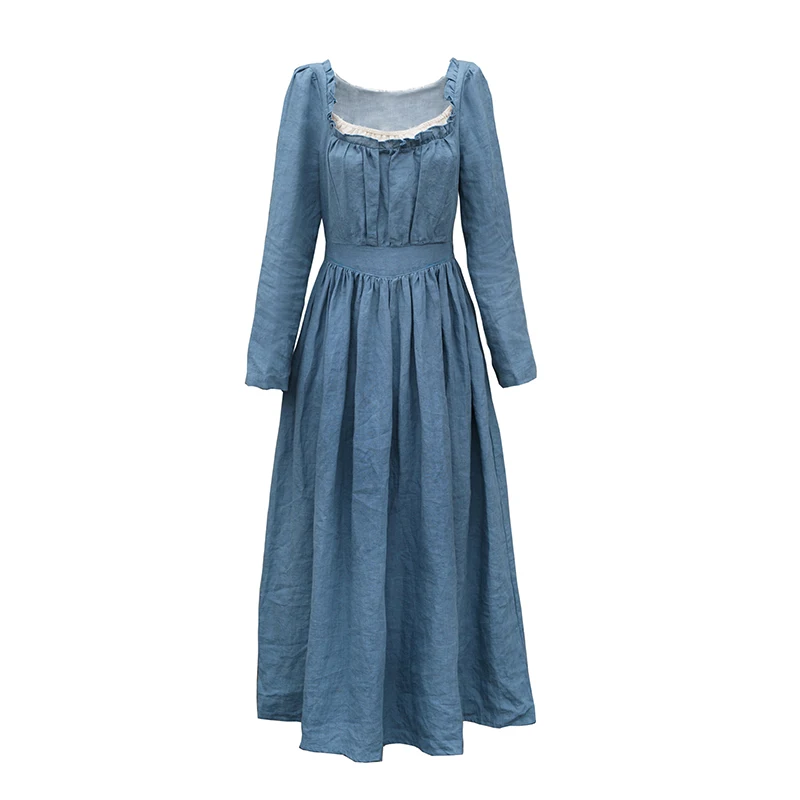 86-98cm Spring Fall Women 100%Linen Coffee Long Dress Ladies Victoria Vintage Elegant Slim Long Sleeve High Waist Dress robe