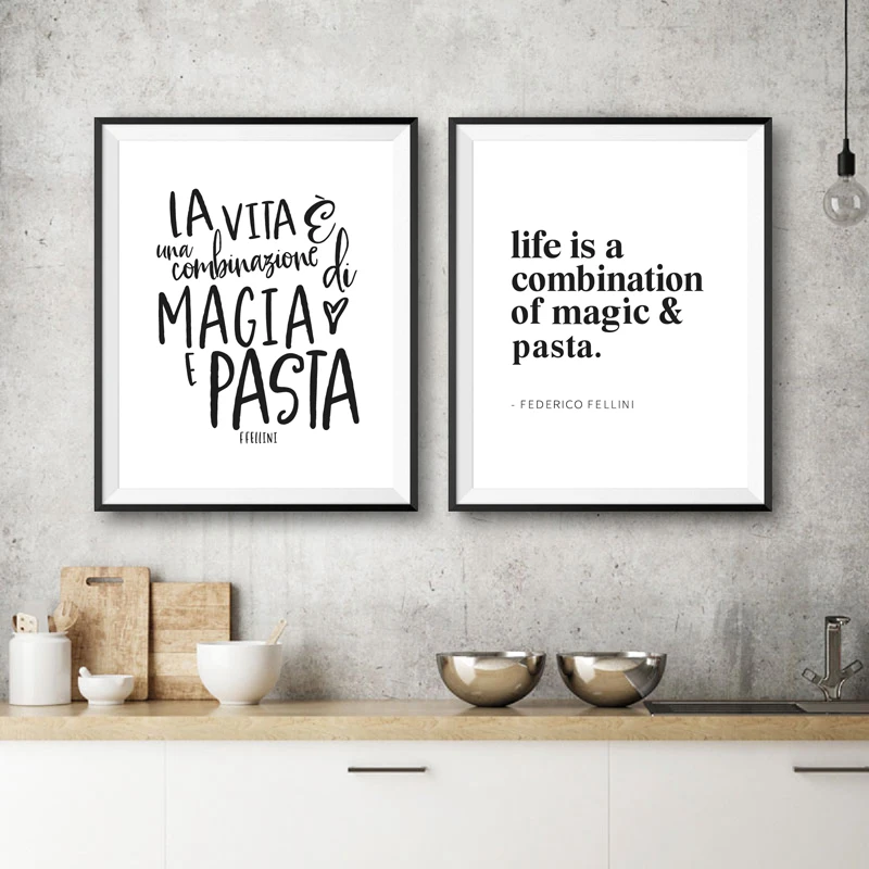 Beautiful Italian Kitchen Decoration Canvas Painting Magic & Pasta Fellini Quote Poster Italy Lovers Art Prints Restaurant Decor