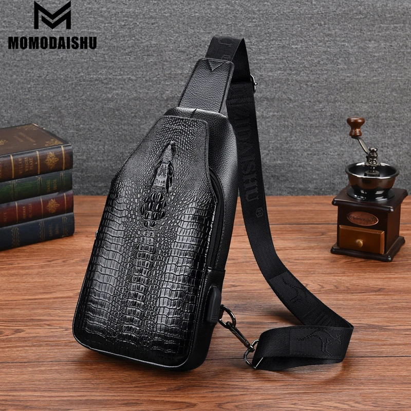 Male Crocodile Pattern Sling Bags New Men Chest Bag Messenger Bag Pu Leather USB Charging Chest Pack Casual Crossbody Bags