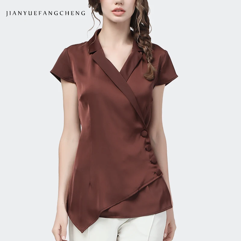 Satin Women\' Shirt 2022 Summer Short Sleeve V-Neck Button-Down Tops Elegant Slim Solid Vintage Casual Office Ladies Blouses