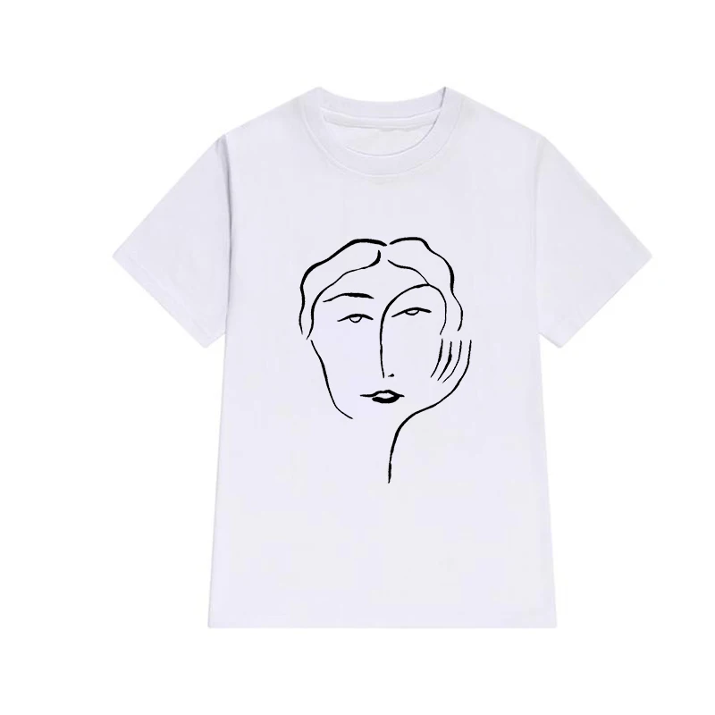 Summer T-shirt Harajuku ladies t-shirt face abstract simple printed T-shirt O-neck t-shirt line pattern ladies top tee T-shirt