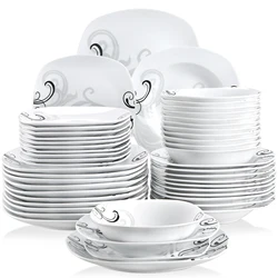 VEWEET ZOEY 48-Piece Black Decals Dinner Combi-Set Porcelain Tableware Set with Bowls Dessert Plates Soup Plate Dinner Plates