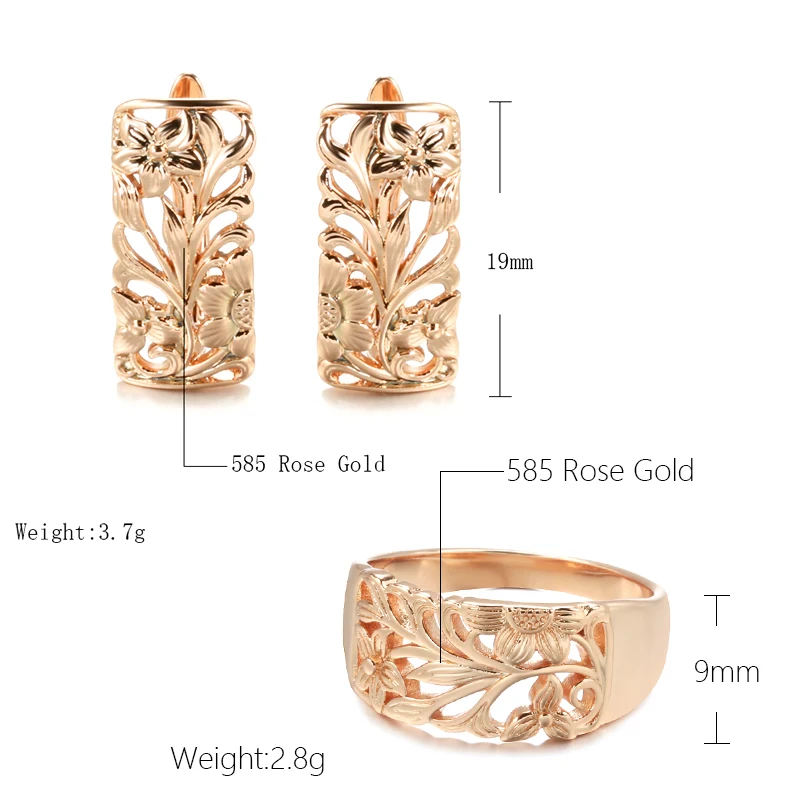 Kinel Vintage 585 Rose Gold Women Earrings Ring Sets Boho Hollow Flower Cilp Earrings Ring Elegant Ethnic Wedding Jewelry Sets