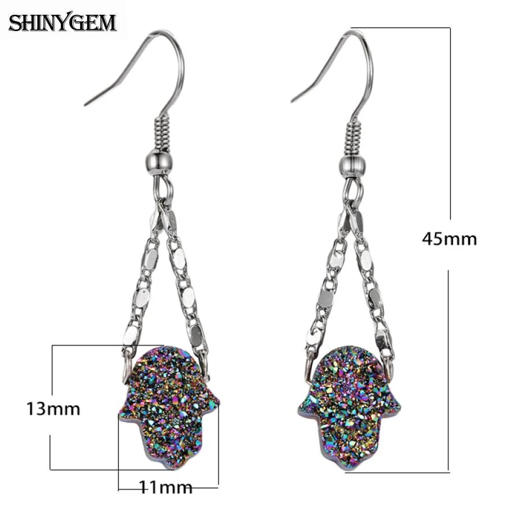 ShinyGem 2020 Fashion Design Hamsa Hand Dangle Earrings Rainbow Natural Crystal Stainless Steel Earrings For Women Jewelry