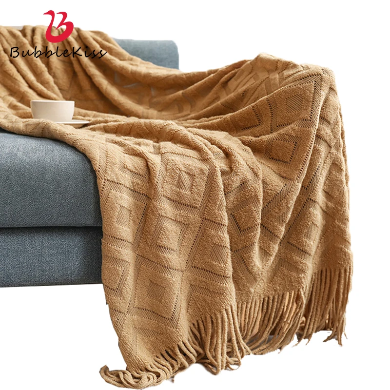 

Bubble Kiss Knitted Blanket Swaddle Wrap Blankets Super Soft Tassel Decor Throw Blanket Home Solid Color Portable Travel Blanket