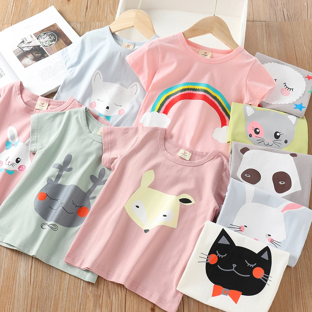 2024 Summer 2 3 4 6 8 10 Years Children Cotton Cartoon Star Bird Cat Rabbit Animal Print Short-Sleeve T-Shirt For Kids Baby Girl