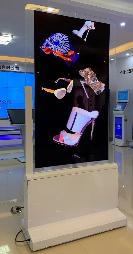 Máquina de publicidade transparente oled, de toque capacitivo, dupla face, de 55 polegadas