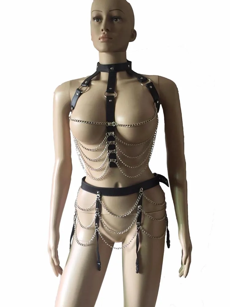 Sexy Womens Metal Chain Combo Body Harness Set Drape Vest Top and Garter Belt Fetish Hen Party Night Club Costume