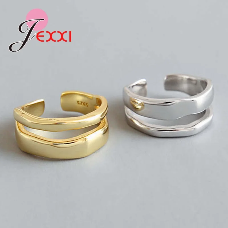 925 Sterling Silver Double Layered Wide Open Rings Irregular Adjustable Wire Ring for Women Handmade Minimalist Jewelry