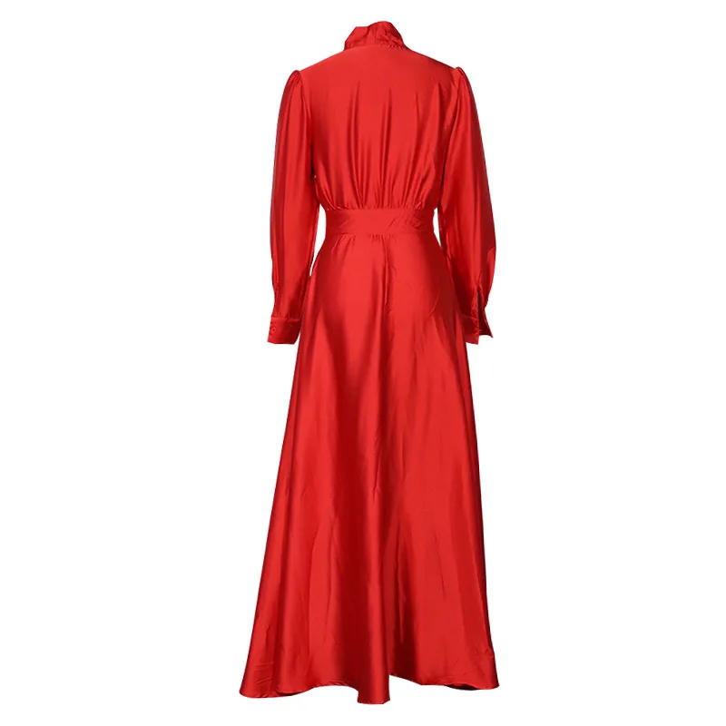 Elegant Solid Shirt Dress Women's Autumn Sundress 2021  Casual Long Sleeve Maxi Vestidos Female Bow Robe M6166